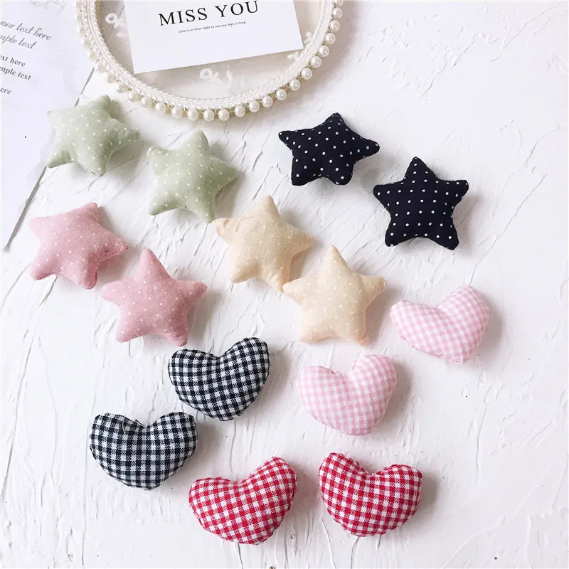 DIY Handmade Fabric Wave Point of Heart and Star Patches, Appliques for Clothes, Girls Hair Decoration, 4-5cm, 15 PCs/Lot