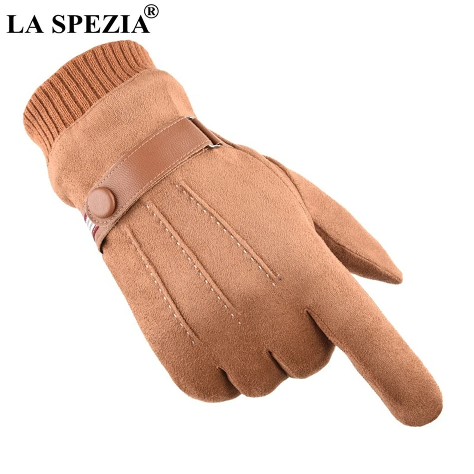 LA SPEZIA Men Gloves Winter Touch Screen Suede Gloves With Belt Navy Blue Casual Thermal Male Thick Leather Gloves Man Windproof