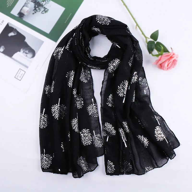 Luxury Designer Silver Tree TR Cotton Scarf Hijab Shimmer Glitter Scarves Women Muslim Hijab Headscarf Navy Blue Scarf 180*90cm