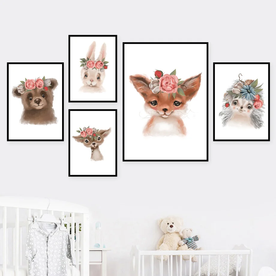 Deer Raccoon Fox Rabbit Bear Owl Nursery Wall Art Canvas Painting Nordic Posters And Prints Wall Pictures Baby Kids Room Decor