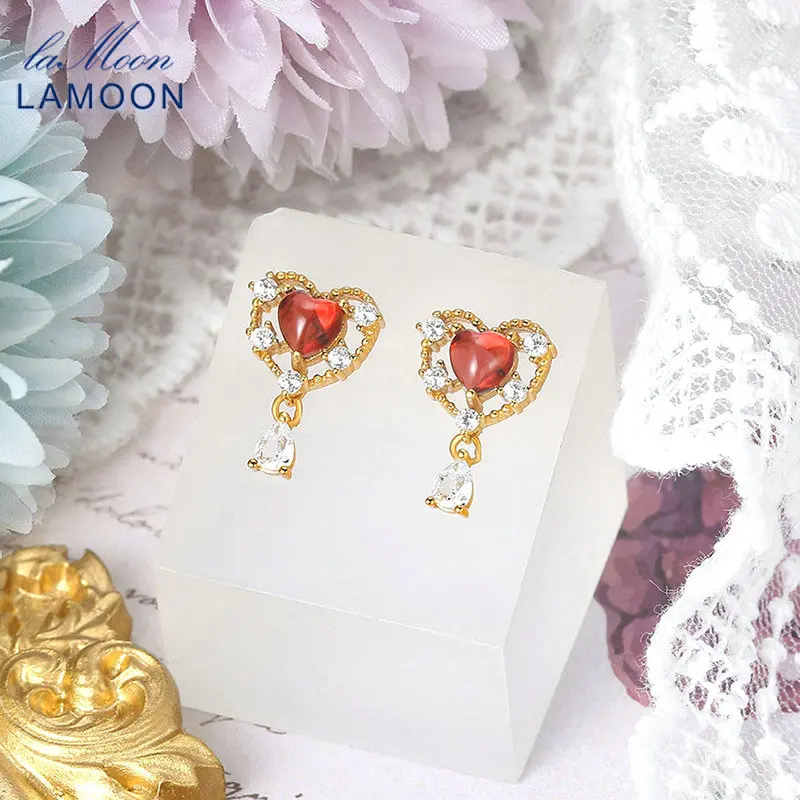 LAMOON Natural Garnet Heart Earrings For Women Sterling Silver 925 Stud Earring Korean Anime Vivi Gold Plated Fine Jewelry Gifts