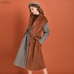 ARTKA 2019 Winter New Women Woolen Coat Vintage Plaid Woolen Fake Marten Hair Thicken Coat Warm Long Outwear With Belt FA10098D