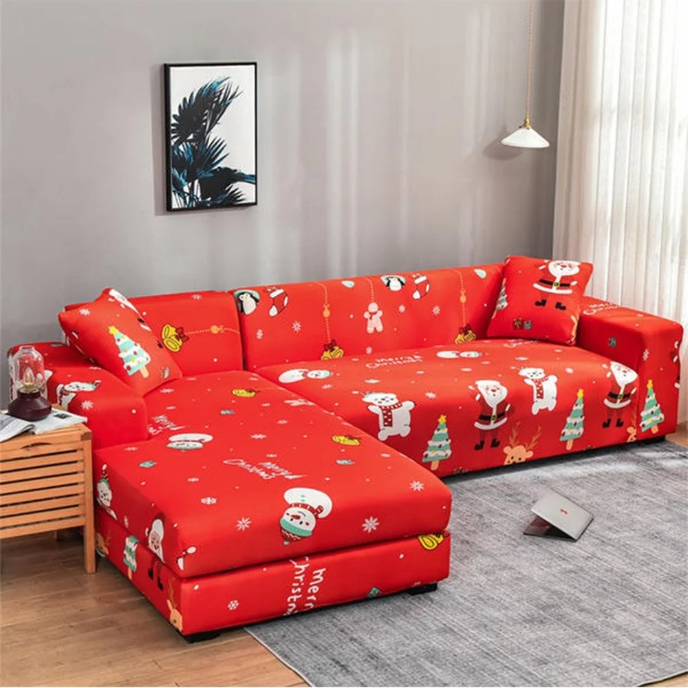 Merry Christmas Printed Sofa Cover for Living Room Modern Sectional Corner Sofa Covers L Shaped Chaise Longue Sofa Cover Cojines