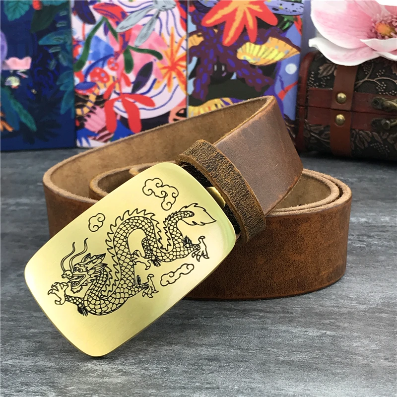 Mens Belts Luxury Brass Dragon Buckle Genuine Leather Belt Male Ceinture Yellow Belt Cowboy Jeans Men' Belt 95-130CM MBT0017