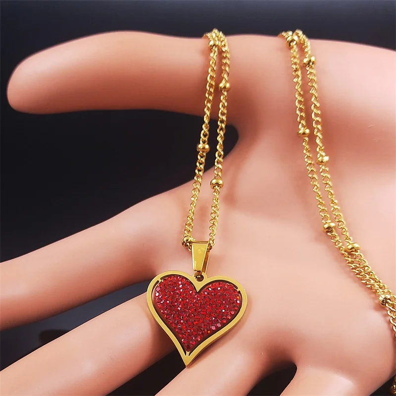 Fashion Love Red Heart Stainless Steel Crystal Charm Necklace Gold Color Small Necklaces Jewelry collier coeur rouge N8047S01