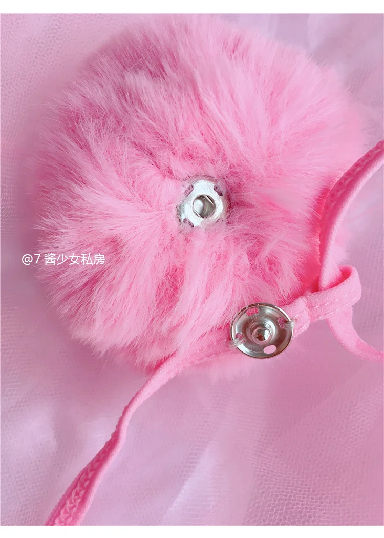 ملابس داخلية محلية الصنع باللون الأبيض والوردي والأسود مع ذيل أرنب جذاب ملابس داخلية نسائية بحمالات وذيل دائري #5