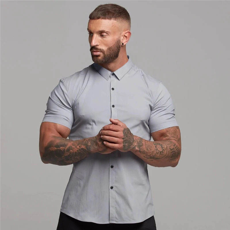 

New Brand Mens Spring Workout Fitness Sport Short Shirts Casual Fashion Breathable Clothing Turn-down Collar Sleeve