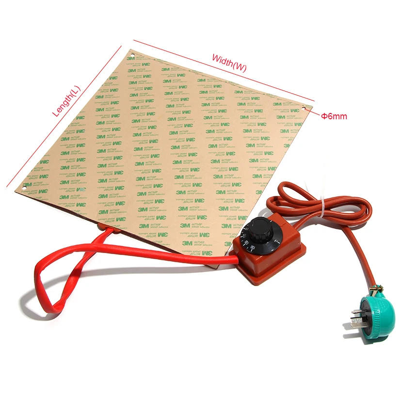 200x100-300mm Silicone Rubber Coated Fiberglass Heating Pad with Holes 160-480W Mechanical Knob Thermostat 30-150 Degree