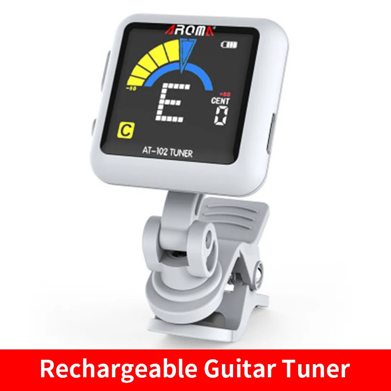 Aroma-Rechargeable Clip-On Guitar Tuner, Color Sn with Built-In Battery, USB Cable for Chromatic Guitar, Bass, Ukulele, at-102