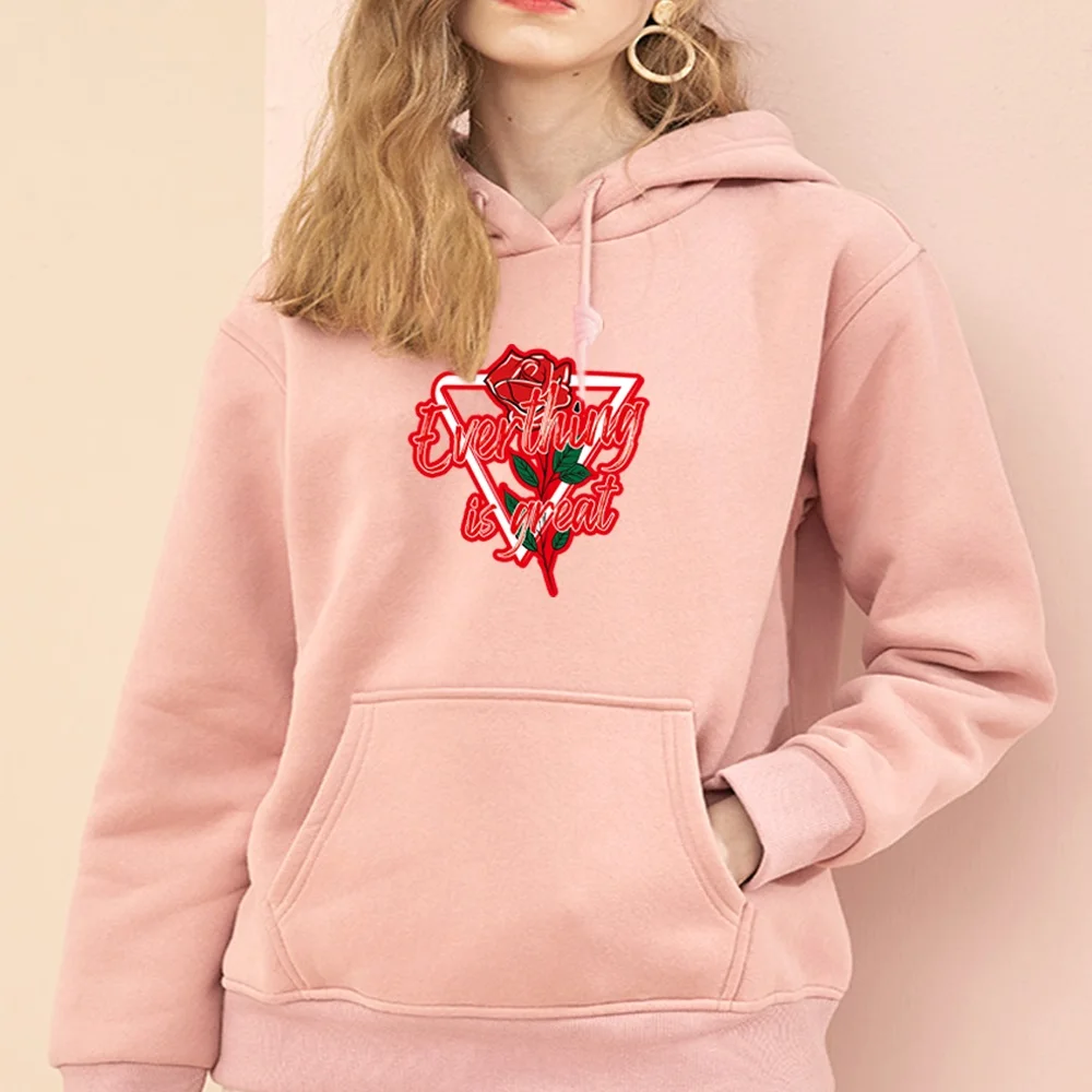 Women's Fashion Hoodie Loose Oversized Pocket Long Sleeve Pullover Graphic Rose Print Ladies Harajuku Sweatshirt Casual Wear