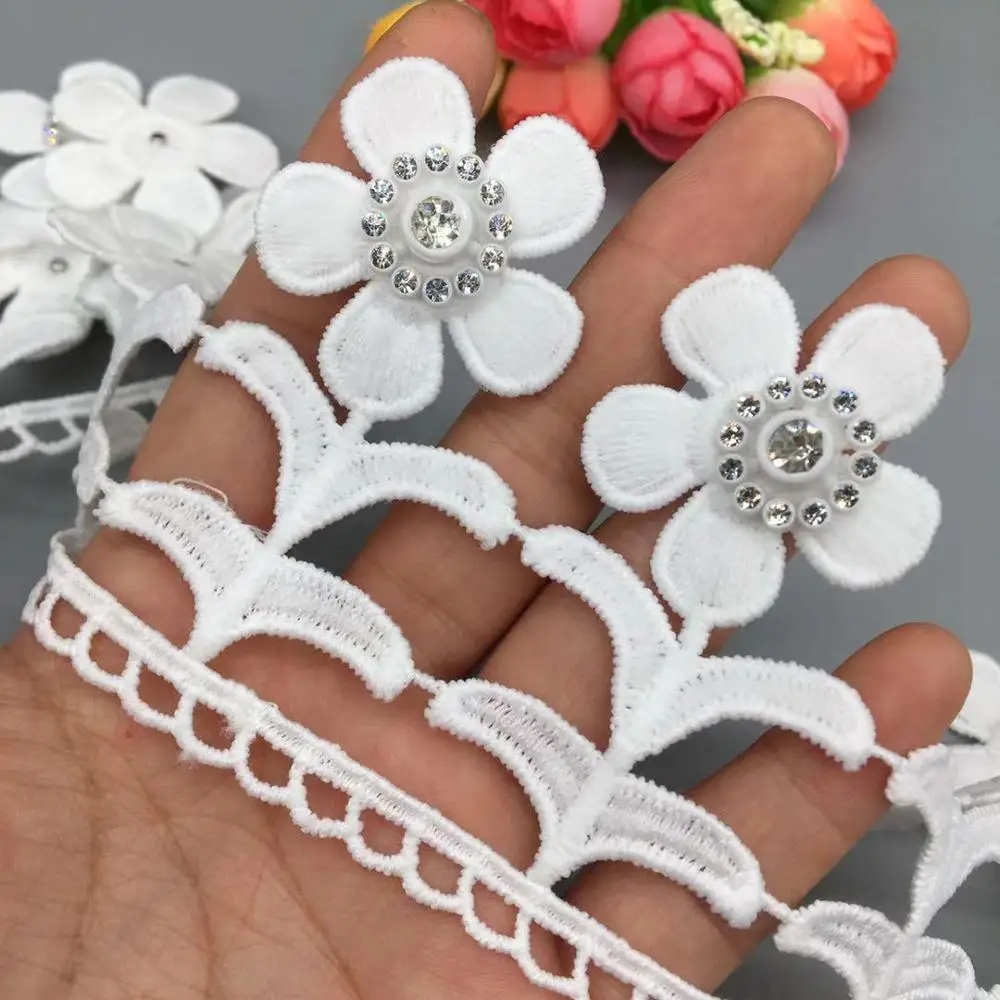 

1 Yard 3D Sun Flower Cotton Diamond Rhinestones Embroidered Lace Trim Ribbon Fabric Sewing Craft For Costume Wedding Dress Decor