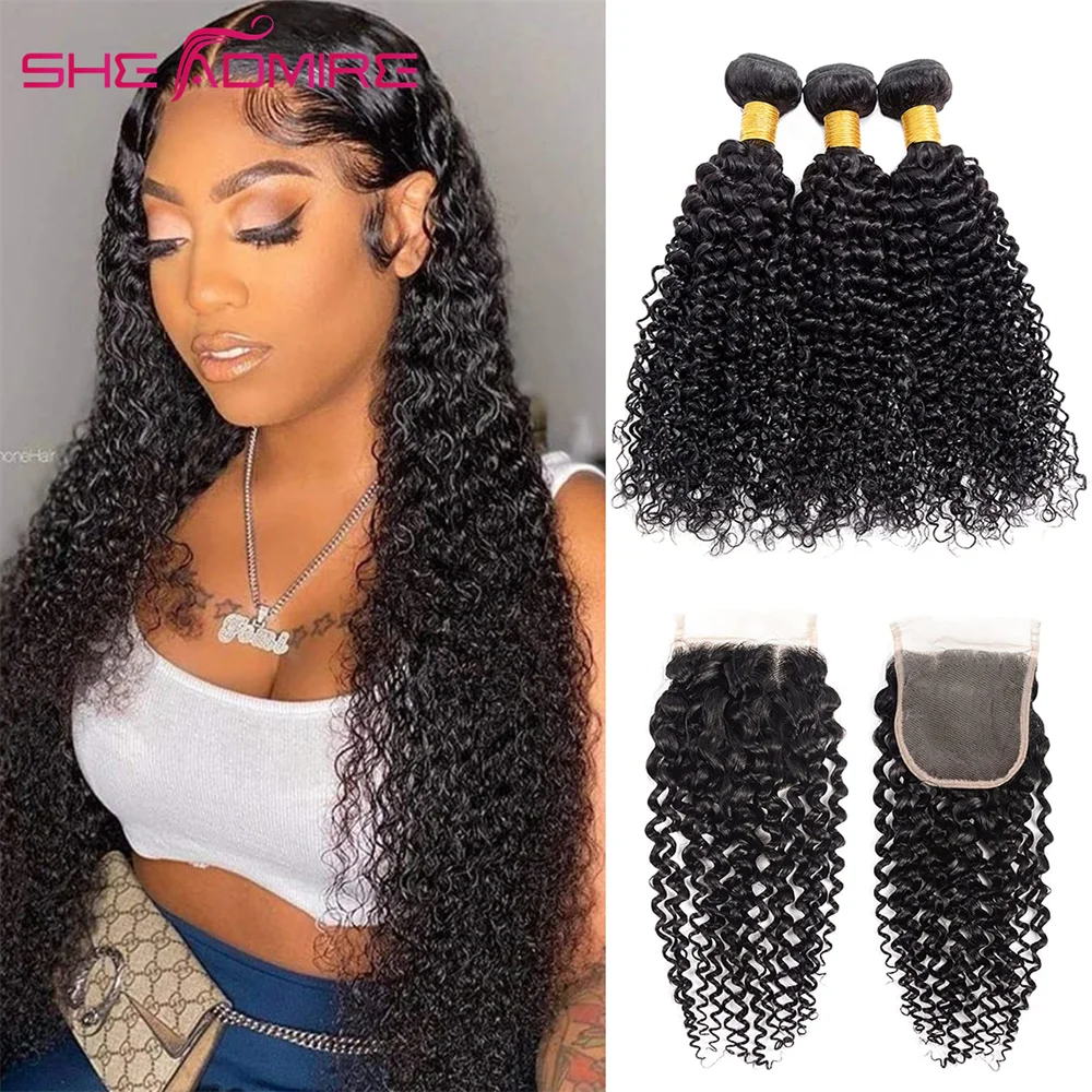 

Kinky Curly Human Hair Bundles with Closure 3 Bundle with Frontal Brazilian 40Inch Remy Hair Weavefor Black Women Natural Color