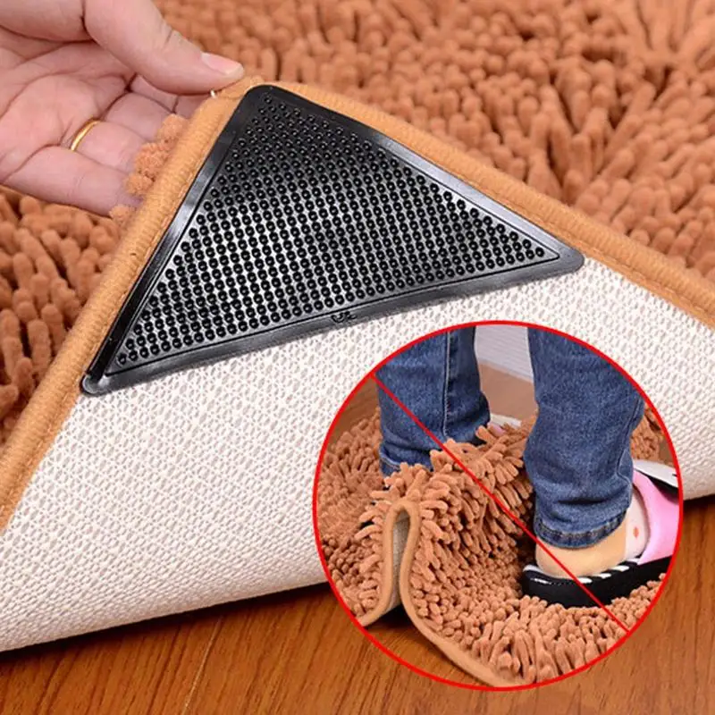 4pcs Reusable Pads Washable Rug Carpet Mat Anti Slip Grippers Non Slip Tri Sticker Silicone Grip For Home Bath Living Room