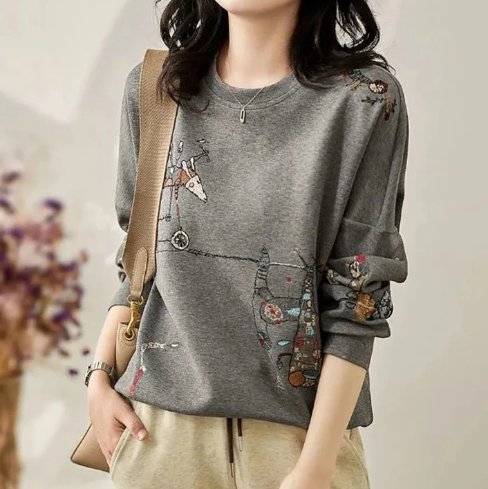 Women\'s cotton sweater loose spring new trend Korean fashion all-match thin round neck jacket jacket sweatshirt Casual