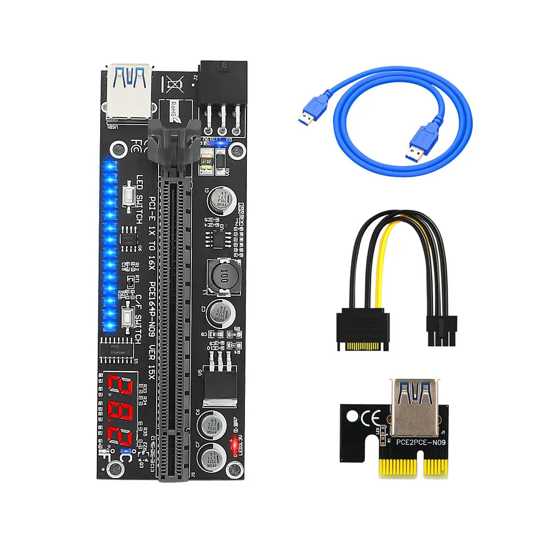 

1x to 16x PCIE Riser Graphic Extension Card with Temperature Sensor 3528 Colorful Flash LED PCI-E Riser Adapter Card for GPU