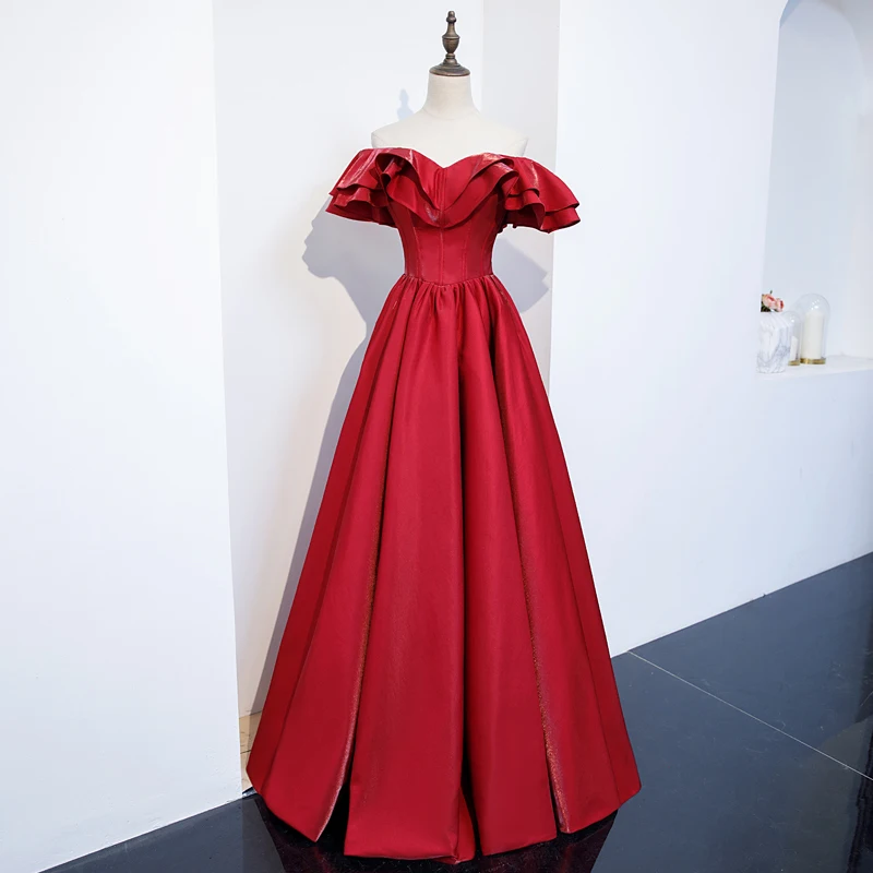 

Evening Dress Ruffles Short Sleeves A-Line Luxurious Boat Neck Floor-Length Lace Up Simple New Party Formal Dresses Woman B1231