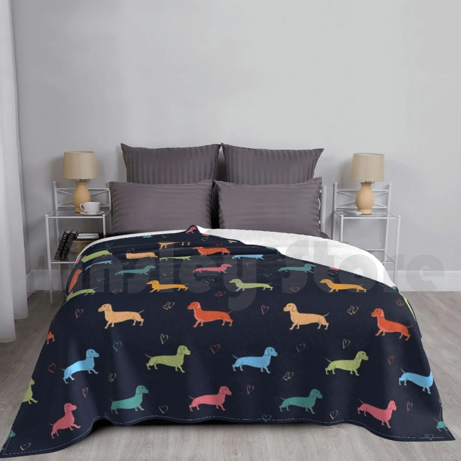 Multicolour Sausage Dog And Hearts Pattern ( Navy ) Blanket Fashion Custom Dachshund Dachshund Sausage Dog