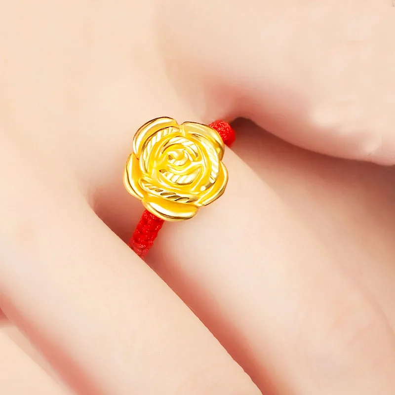 24K Yellow Gold Ring Women 999 Gold Rose Flower Ring Red String Weave Ring