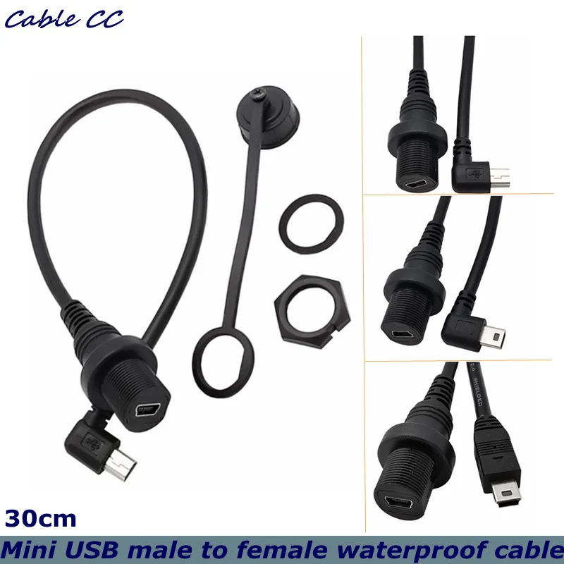 

30CM IP67 waterproof cable Mini USB 90 degree male to female panel car ship dashboard installation connector extension cable