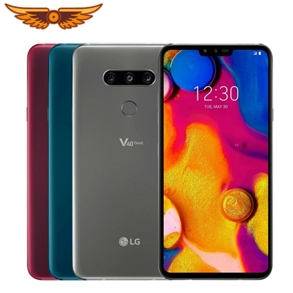 정품 언락 LG V40 ThinQ V405UA V409N, 6.4 인치, 6GB RAM, 64GB ROM, 16MP 트리플 카메라, LTE 단일 SIM 지문 휴대폰