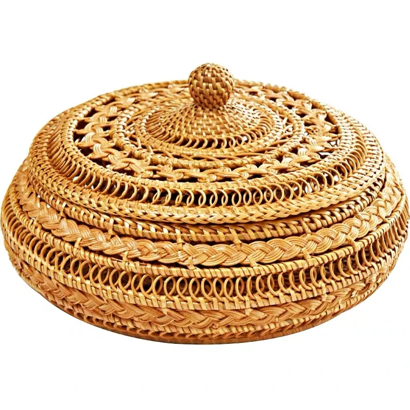 

Vietnam Autumn Rattan puerh tea tin box with lid round hand-woven dried fruit storage box for snack pastry sundries best gift