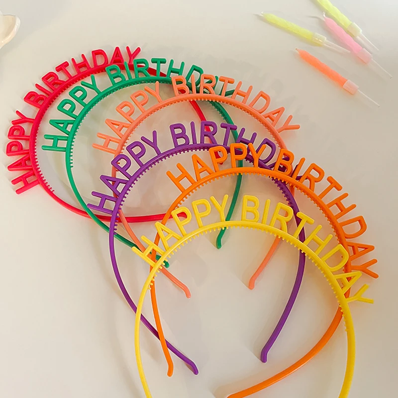 12Pcs Happy Birthday Headbands Kids Women Plastic Headwear Candy Colored Headdress Children Hairband Headpieces Hair Accessories