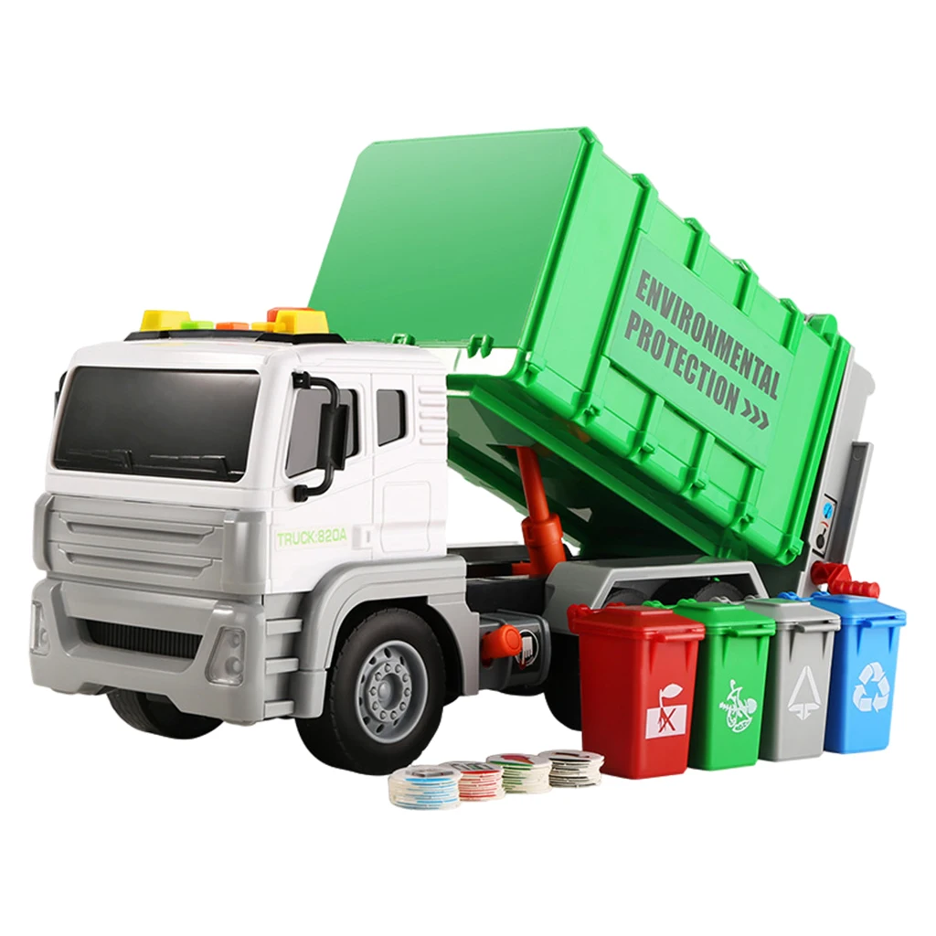 

13" Garbage Truck Toys Trash Truck Dump Truck with Sound and Light, Truck with 4 Garbage Cans Car for Boys