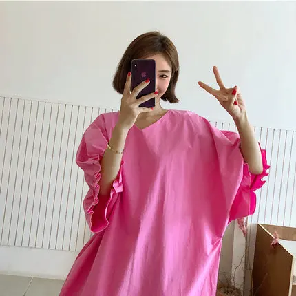 Summer New Korean Style Loose Pink Dress Sweet Large Size Fairy Round Neck Batwing Sleeve mid calf Length Dress