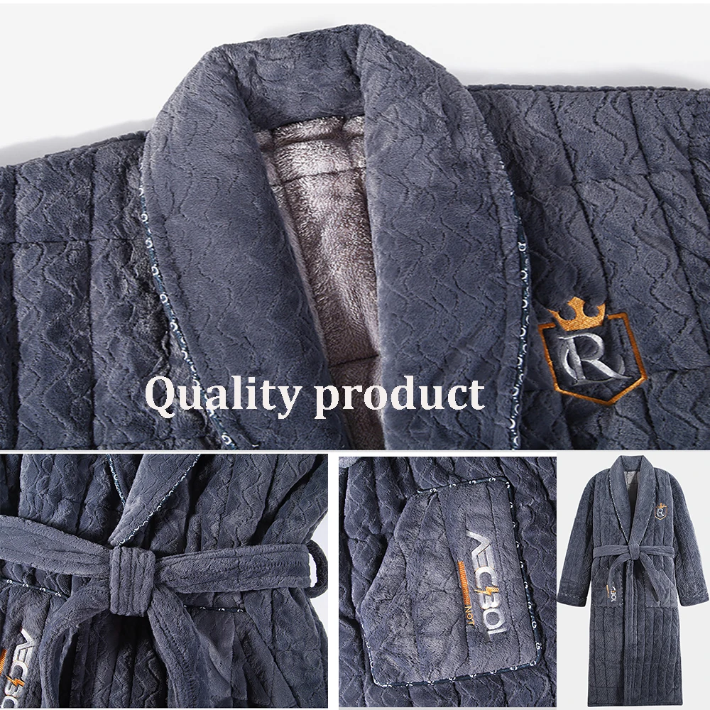 Winter Men\'s Bathrobe Terry Robe 3-layer Flannel Super Thick Warm Dressing Gown Luxury Solid Plaid Long Robe For Man Towel Towel