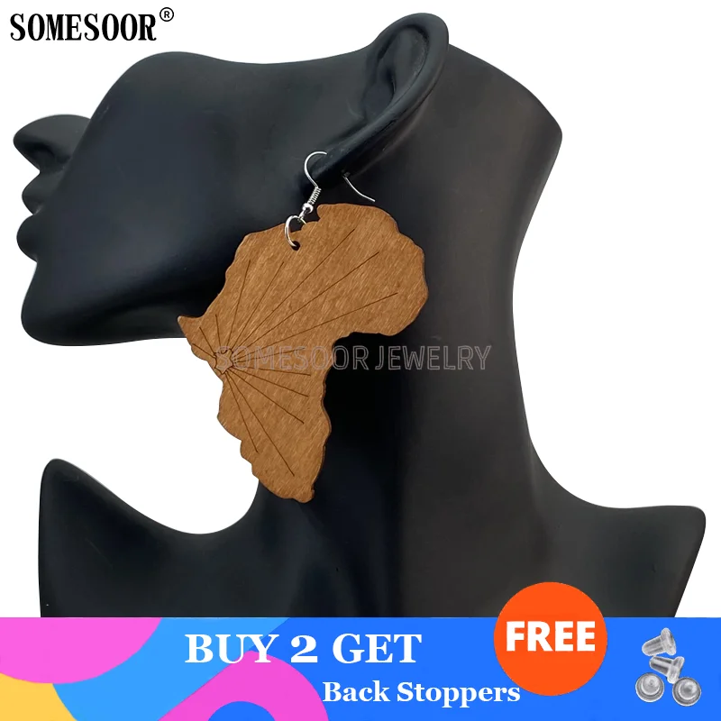 SOMESOOR Laser Cutting African Map Creative Radial Carving High Quality Wooden Drop Earrings For Afro Women