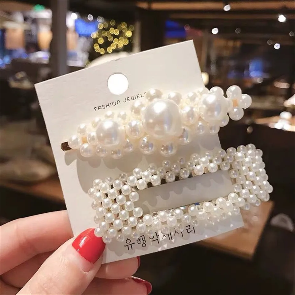 Fashion  Women Girls Elegant Full Pearl Geometric Hair Clip Sweet Hair Ornament Alloy Hairpin Barrette Headband Hair Accessories