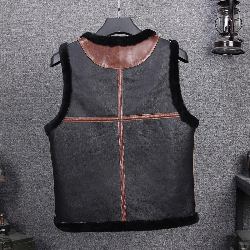 Waistcoat Men Winter Sheepskin Genuine Vest Wool Lined Thick Warm Real Leather Sleeveless Jacket Vintage Black Slim Fit