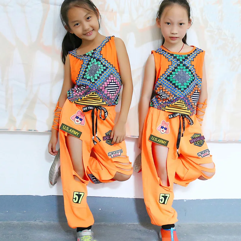 Jazz Dance Costumes Kids Fashion Cute Hole Pants Girls Hip Hop Clothing Women Stage Rave Outfit Trousers Street Dancewear DT1070