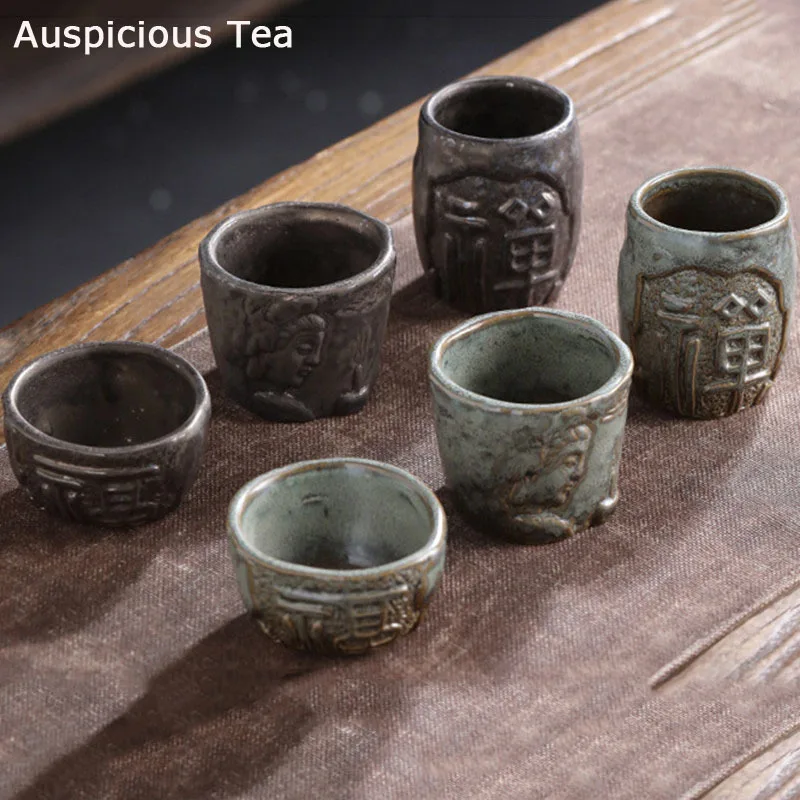 Retro Relief Ceramic Soup Cup Coarse Pottery Buddhist Mood Pattern Teacup Originality Coffee Cup Wine Cups