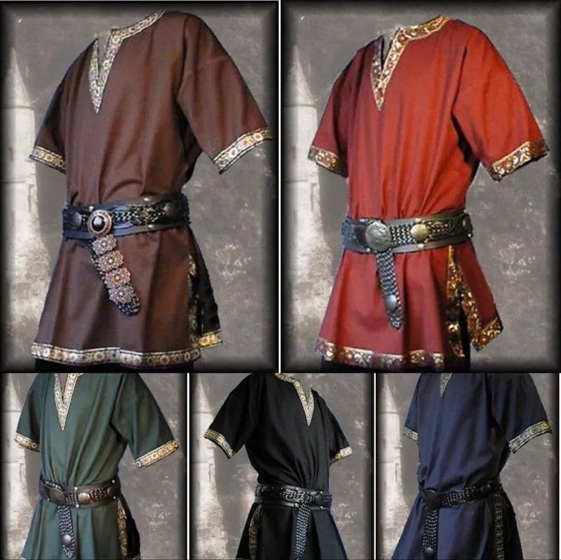 Medieval Viking Pirate Linen Top Shirt Costume Renaissance Mens Nordic Retro T-shirt Beard Cosplay Tee Lace-Up For Adult Belted