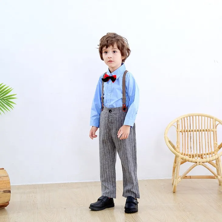 Gentleman Bow tie Decorated Blue Shirt and Detachable Braces 2-piece Set Boy formal Clothes/Boy Birthday party Suit 3223