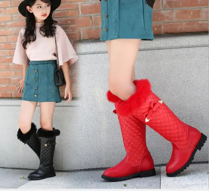 New red Genuine Leather Girls Knee-high Boots Princess Children\'s Tall Boots High Kids Shoes Girl Shoes Knee Fashion  Boots