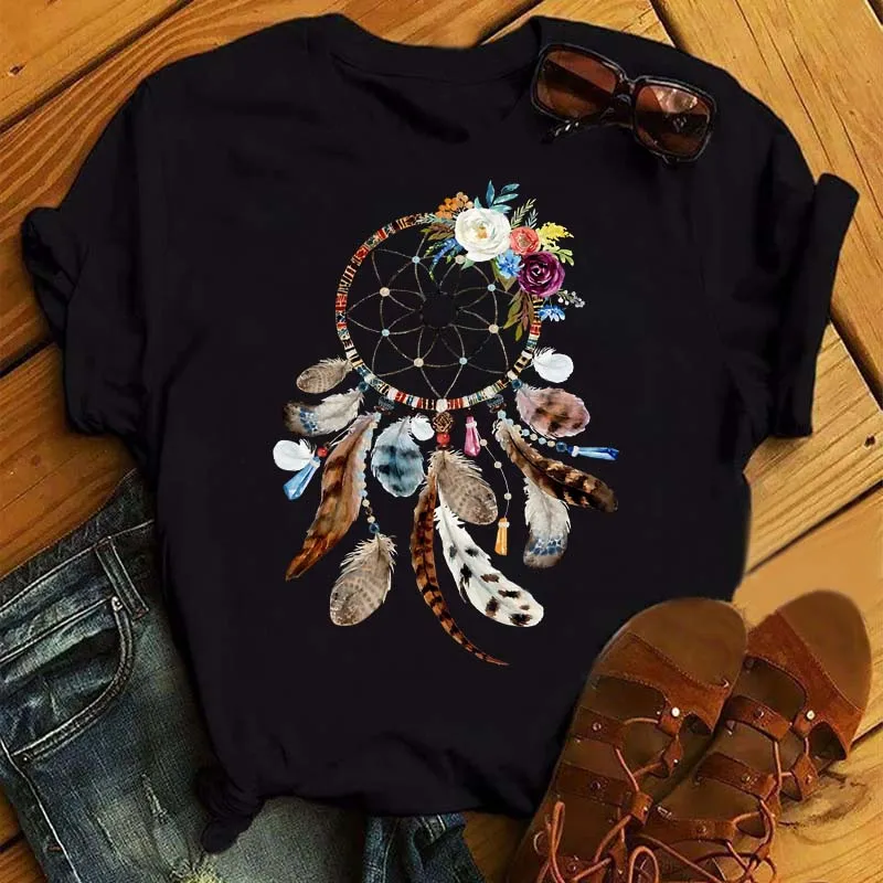 Maycaur Women Summer Short Sleeve Dreamcatcher Feather Fashion Print Lady T-shirts Top T Shirt Ladies Womens Graphic Tee T-Shirt