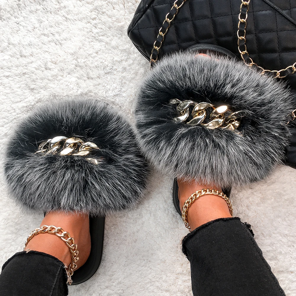 Fluffy Flip Flops Real Fox Raccoon Fur Slippers Luxury Golden Chain Furry Fur Slides Plush Beach Slippers Women Summer Sandals