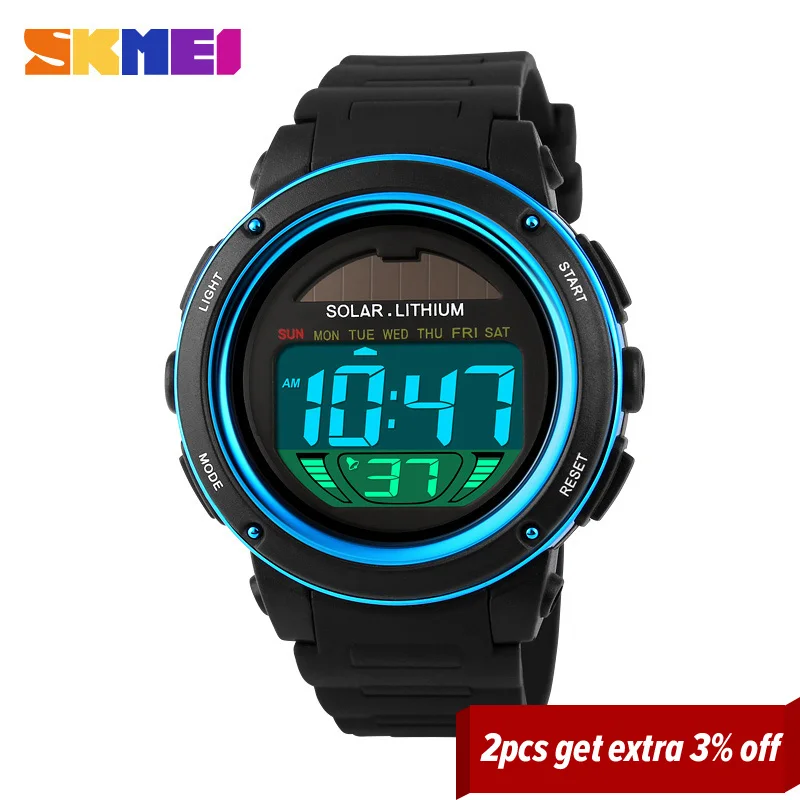 SKMEI Outdoor Sport Watch Men Solar PU Strap Wristwatches Mens Chronograph Alarm 5Bar Waterproof Digital Watch reloj hombre 1096