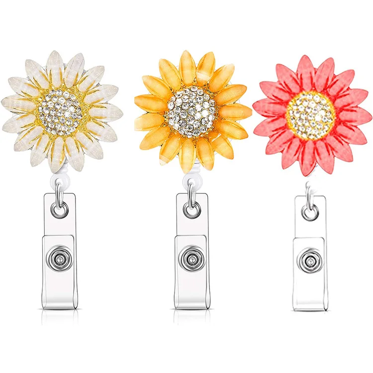 New Design 1 PC Top Quality Crystal Rhinestone Sunflower Retractable Nurse Badge Holder Alligator Clip ID Card Holder Keychains