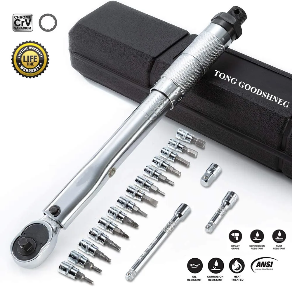 

1/4"5-25Nm 11PCS Preset Torque Wrench Torque Wrenches Bicycle Mountain Hexagon Repair Tool Allen&Torx Sockets,Extension Bar&Box