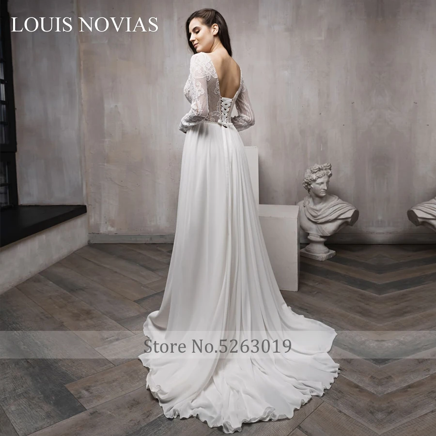 Louis Novias Sexy Wedding Dress deep V-Neck long sleeve lace up backless dress retro soft satin delicate embroidery dress