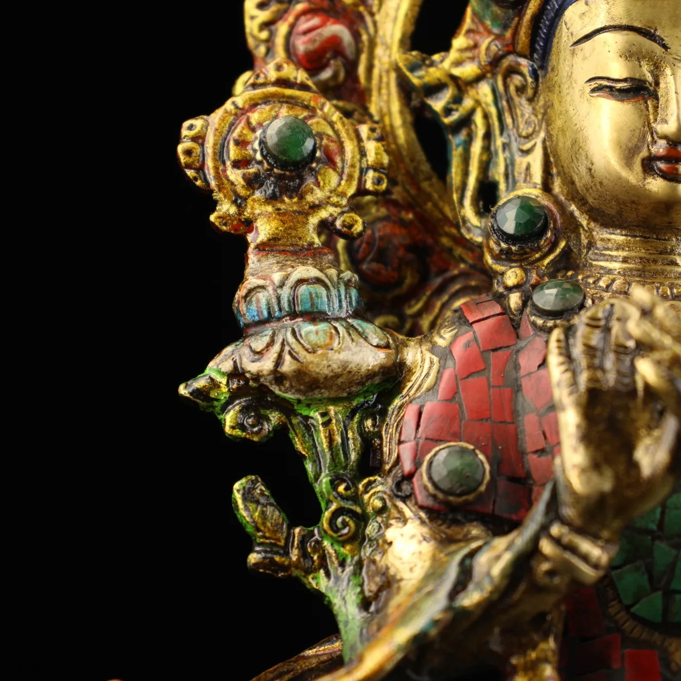 

11"Tibetan Temple Collection Old Bronze Outline in gold Mosaic Gem Turquoise Bafo Maitreya Bodhisattva Sitting Buddha
