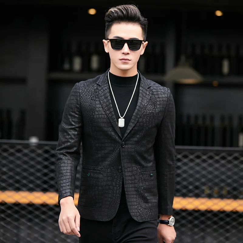 New Spring Sheepskin Leather Jacket Crocodile Pattern Genuine Leather Mens Leather Blazers Suit Coat