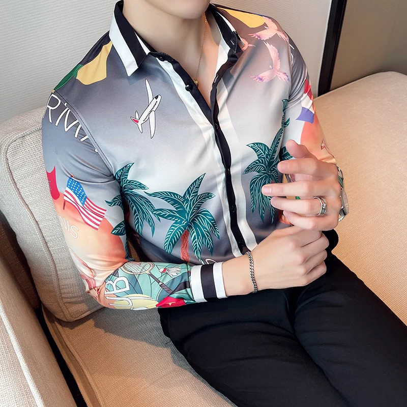 Men Long Sleeve Shirt Dress Casual Buttons Down Slim Fit Male Hawaiian Printed Shirts Blouse Club Prom Mens Korean Social Shirt