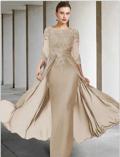 Vestido largo de gasa con cuello redondo para mujer traje elegante para invitados de boda vestido de noche Formal con apliques para madre de la novia verano 2024 AliExpress