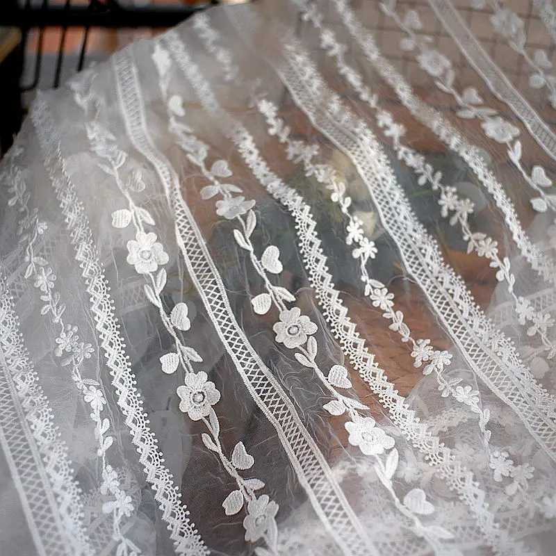 Mesh Fabric 3D Embroidery Soft Yarn White Lace Fabric Dress Clothing Window Screen Home Fabric Handmade DIY Cloth