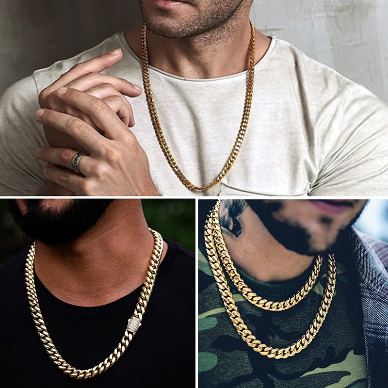 6-14mm Stainless Steel Round Cuban Miami Chains Necklaces CZ Zircon Box Lock Big Heavy Link Chain for Men Hip Hop Rapper jewelry