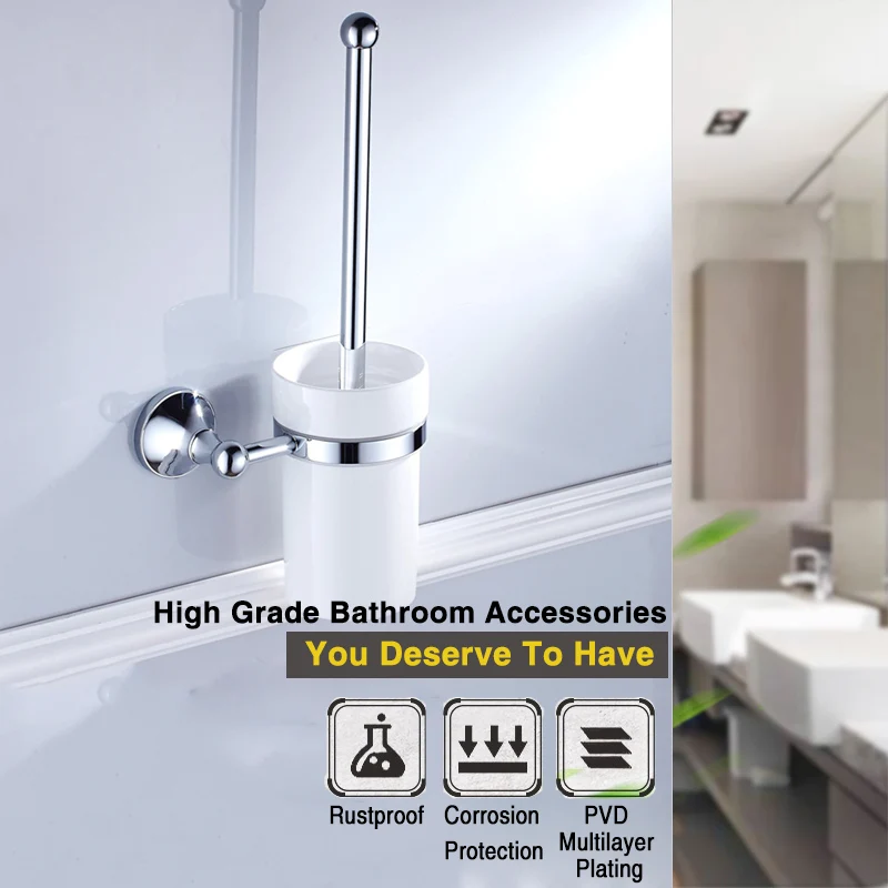 Chrome-plated bathroom hardware set brass toilet brush holder towel rack shower soap tray wall-mounted hook hair dryer rack